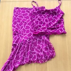 Bebe pink bias-cut 2-pc silk top and skirt.